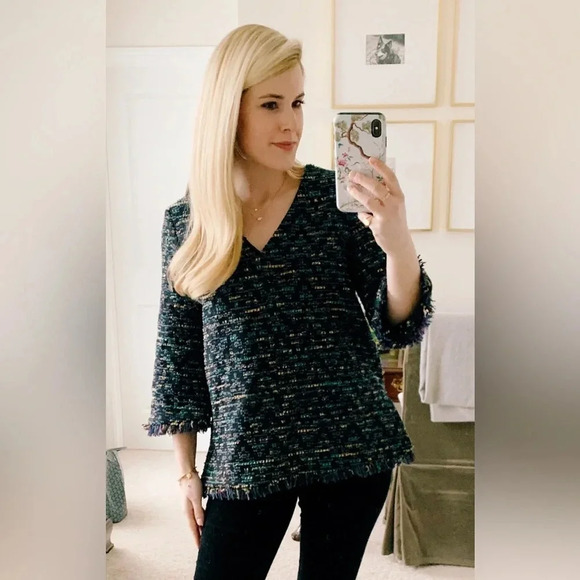 Tuckernuck Wool Tweed Metallic Belfast Blouse V-Neck Top Navy Blue sz XS - Picture 1 of 6